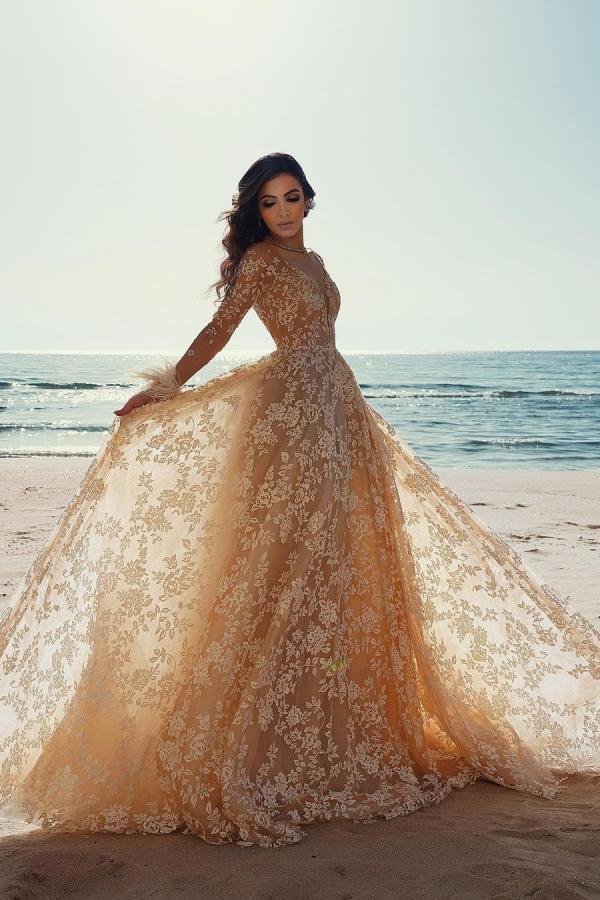 Vintage Long Sleeve Lace Wedding Dress Mermaid Tulle Bridal Gowns-Ballbella