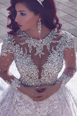 Vintage Luxurious Muslim Crystal Beading Cathedral Train Sheer Lace Wedding Dress-Ballbella
