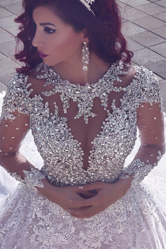 Vintage Luxurious Muslim Crystal Beading Cathedral Train Sheer Lace Wedding Dress-Ballbella