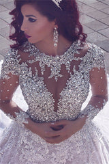 Vintage Luxurious Muslim Crystal Beading Cathedral Train Sheer Lace Wedding Dress-Ballbella