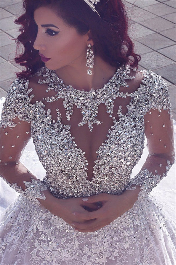 Vintage Luxurious Muslim Crystal Beading Cathedral Train Sheer Lace Wedding Dress-Ballbella