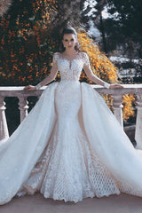 Vintage Mermaid Overskirts Long Lace Wedding Dresses-Ballbella
