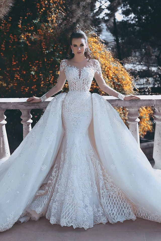 Ballbella offers Vintage Mermaid Overskirts Long Lace Wedding Dresses at factory price, avaolable in White,Ivory,Champagne,Blushing Pink,Red,Black, fast delivery worldwide.