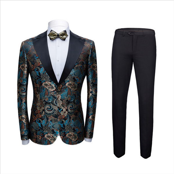 Vintage Multicolors Peak Lapel with Black Satin Wedding Tuxedos Jacquard Men Marriage Suits-Ballbella