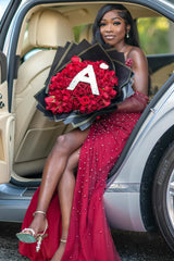 Vintage Red V-Neck Strapless Mermaid Prom Dresses Detachable Sleeves Pearls With Side Split-Ballbella
