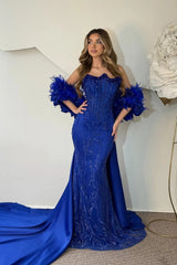 Vintage Royal Blue Strapless Sleeveless Mermaid Prom Dresses Beads With Detachable Train-Ballbella
