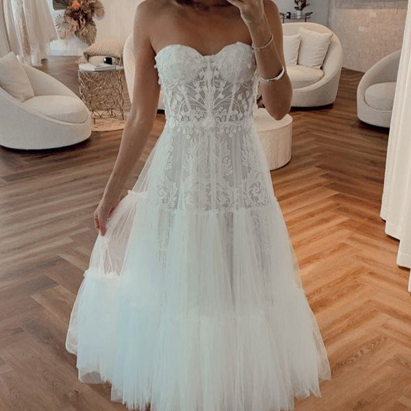 white strapless summer dress Vintage White Strapless Short Summer Tulle Wedding Dress