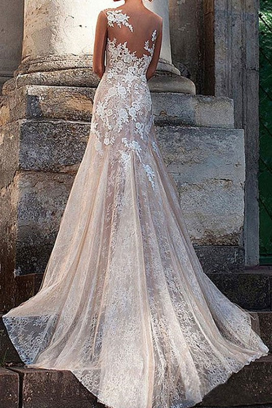Wedding Dress Column Chic V-Neck Sleeveless Long Lace Tulle Sexy Backless Bridal Gown With Train-Ballbella