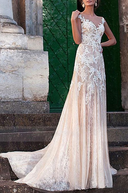 Wedding Dress Column Chic V-Neck Sleeveless Long Lace Tulle Sexy Backless Bridal Gown With Train-Ballbella
