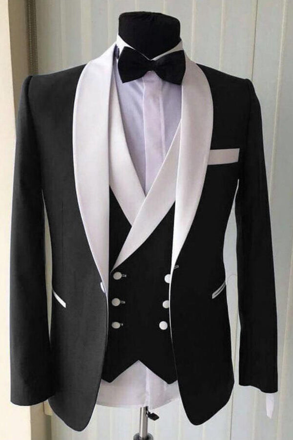 Wedding Groom White Lapel Shawl Lapel Well-cut Three-piece Black Men Suit for Formal-Ballbella