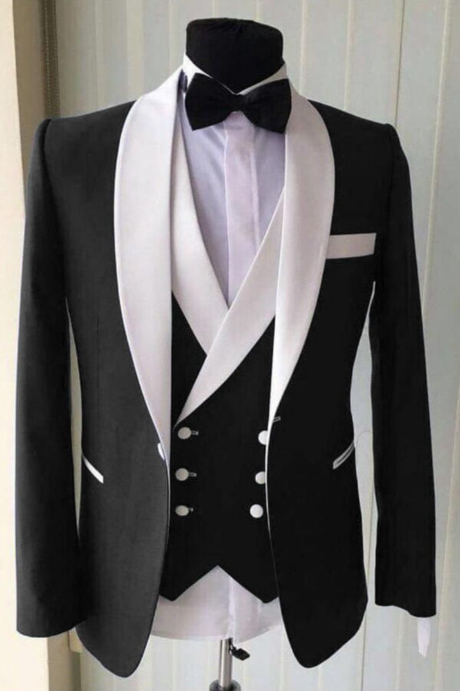 This Wedding Groom White Lapel Shawl Lapel Well-cut Three-piece Black Men Suit for Formal at Ballbella comes in all sizes for prom, wedding and business. Shop an amazing selection of Shawl Lapel Single Breasted Black & White mens suits in cheap price.