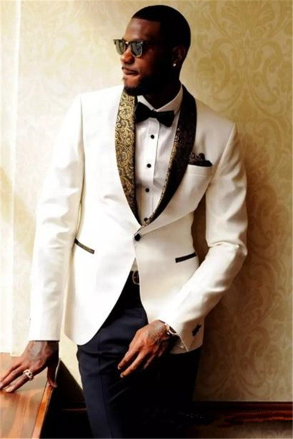 Ballbella made this Wedding Suits groom Mens Suits, Formal Jacquard Best Men Marriage Tuxedos with rush order service. Discover the design of this White Solid Shawl Lapel Single Breasted mens suits cheap for prom, wedding or formal business occasion.