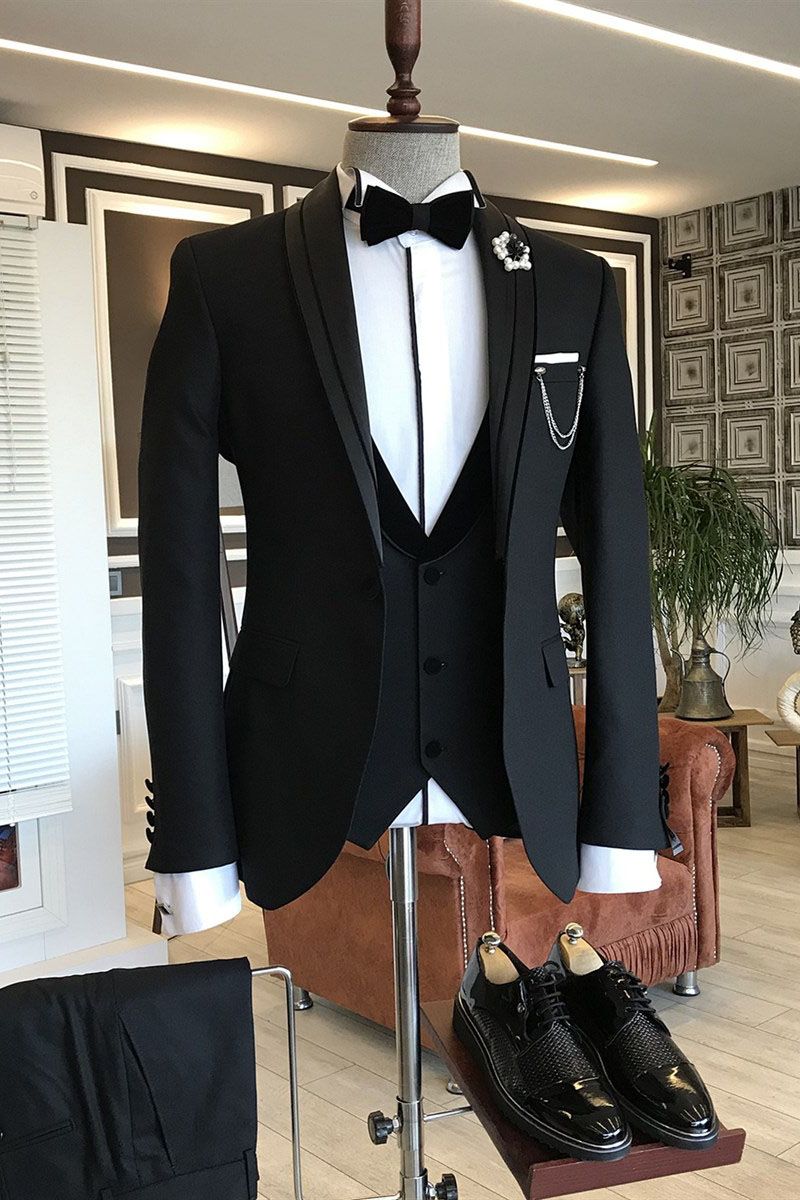 The Bespoke Shawl Lapel Single Breasted Men Suit is an essential part of any wardrobe. Whether you need a sharp business suit, a Custom design black tie evening look or a wedding or prom suit, you will find the perfect fit in Ballbella collection.Custom made this Well-cut 3-pieces Black Shawl Lapel Wedding Suits Good Choice for grooms with rush order service.