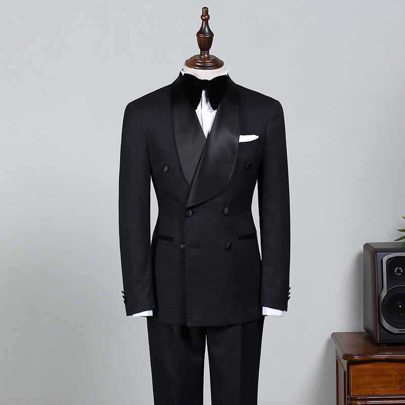 Well-cut All Black Double Breasted Bespoke Wedding Suit For Grooms-Ballbella