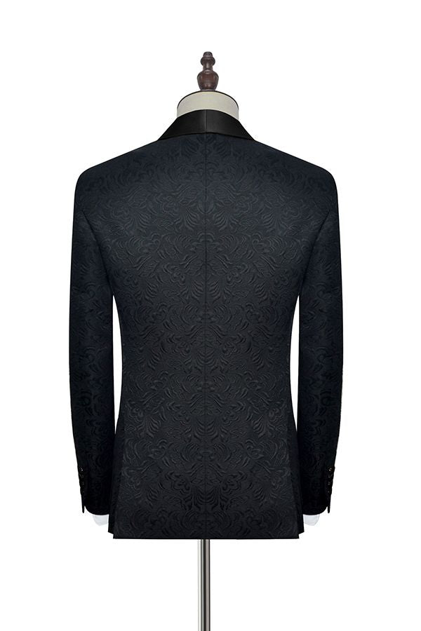 Well-cut Black Jacquard Wedding Tuxedo for Men Shawl Lapel Silk One Button Wedding Suits-Ballbella