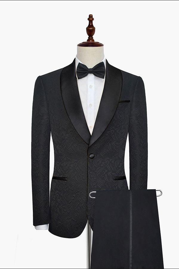 Well-cut Black Jacquard Wedding Tuxedo for Men Shawl Lapel Silk One Button Wedding Suits-Ballbella