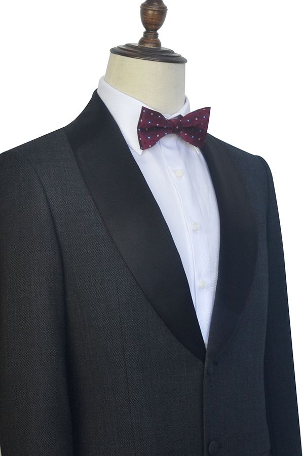 Well-cut Dark Grey Black Shawl Collar Wedding Tuxedos Two Buttons Wedding Suits for Men-Ballbella