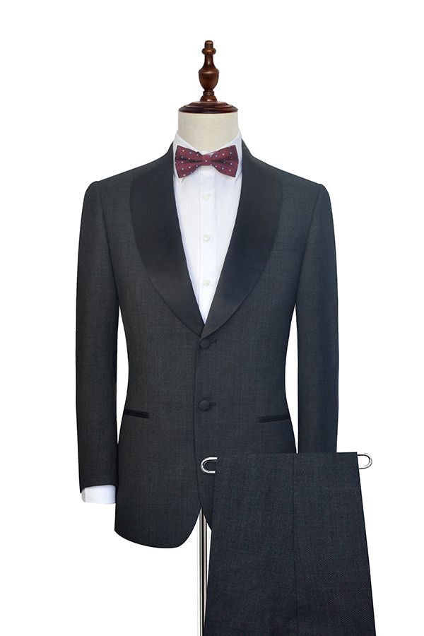 Well-cut Dark Grey Black Shawl Collar Wedding Tuxedos Two Buttons Wedding Suits for Men-Ballbella