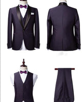 Ballbella made this Well-cut Dark Purple Shawl Lapel Black Wedding Tuxedo Bespoke Prom Dress Suit Three-pieces with rush order service. Discover the design of this Purple Solid Shawl Lapel Single Breasted mens suits cheap for prom, wedding or formal business occasion.