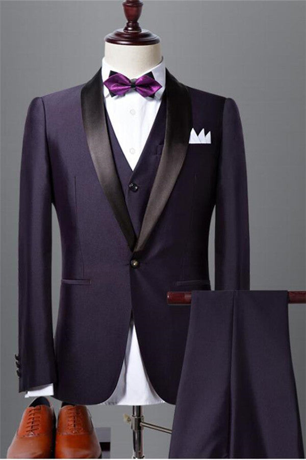 Ballbella made this Well-cut Dark Purple Shawl Lapel Black Wedding Tuxedo Bespoke Prom Dress Suit Three-pieces with rush order service. Discover the design of this Purple Solid Shawl Lapel Single Breasted mens suits cheap for prom, wedding or formal business occasion.