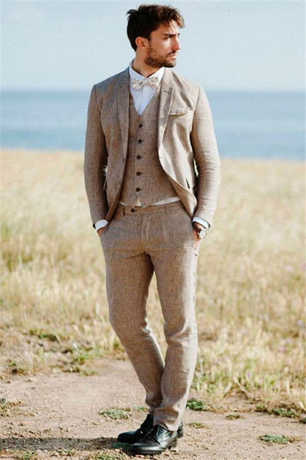 Well-cut Khaki Linen Summer Beach Mens Suits Groom Wedding Tuxedos with Three-pieces-Ballbella