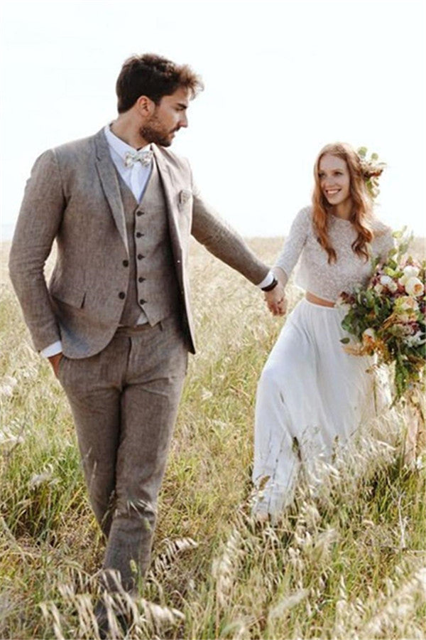 Well-cut Khaki Linen Summer Beach Mens Suits Groom Wedding Tuxedos with Three-pieces-Ballbella