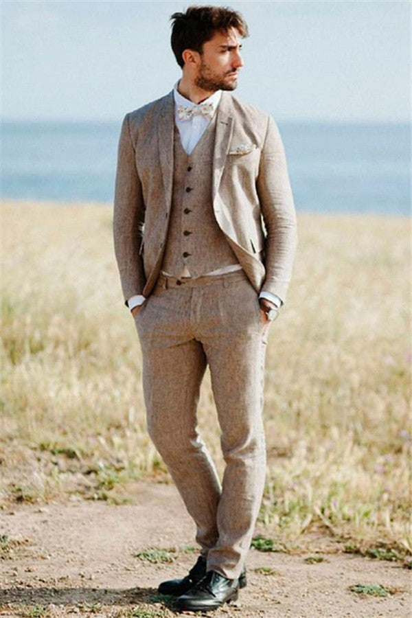 Ballbella made this Khaki Linen Summer Beach Mens Well-cut Suits, Groom Wedding Tuxedos with Three-pieces with rush order service. Discover the design of this Khaki Solid Notched Lapel Single Breasted mens suits cheap for prom, wedding or formal business occasion.