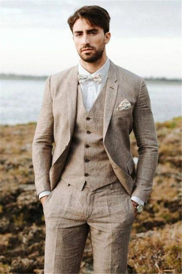 Ballbella made this Khaki Linen Summer Beach Mens Well-cut Suits, Groom Wedding Tuxedos with Three-pieces with rush order service. Discover the design of this Khaki Solid Notched Lapel Single Breasted mens suits cheap for prom, wedding or formal business occasion.