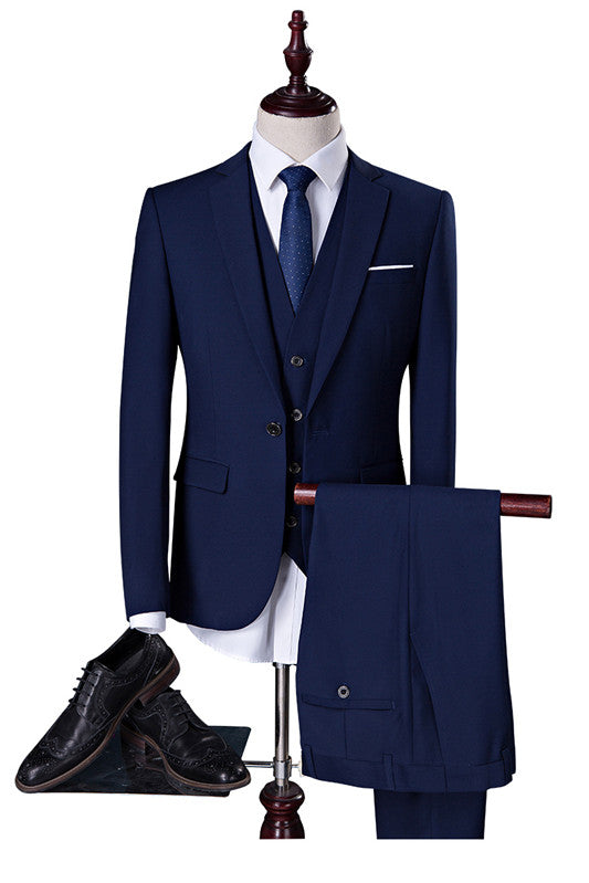 Ballbella made this Well-cut Navy Blue Men Suits, Business Slim Fit Tuxedo with 4 Pieces (Jacket vest pants shirt) with rush order service. Discover the design of this Dark Blue Solid Shawl Lapel Single Breasted mens suits cheap for prom, wedding or formal business occasion.