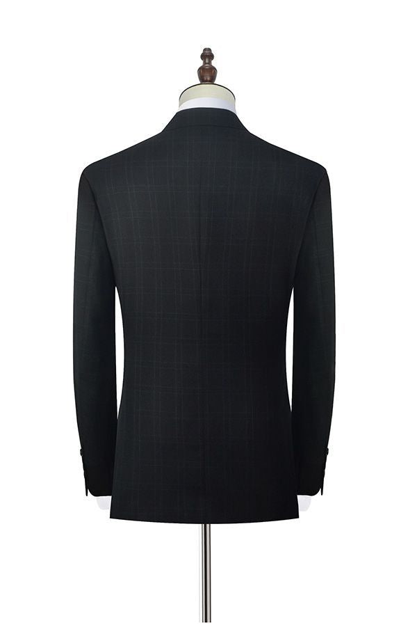 Well-cut Peak Lapel Plaid Two Button Black Mens Suits for Business-Ballbella