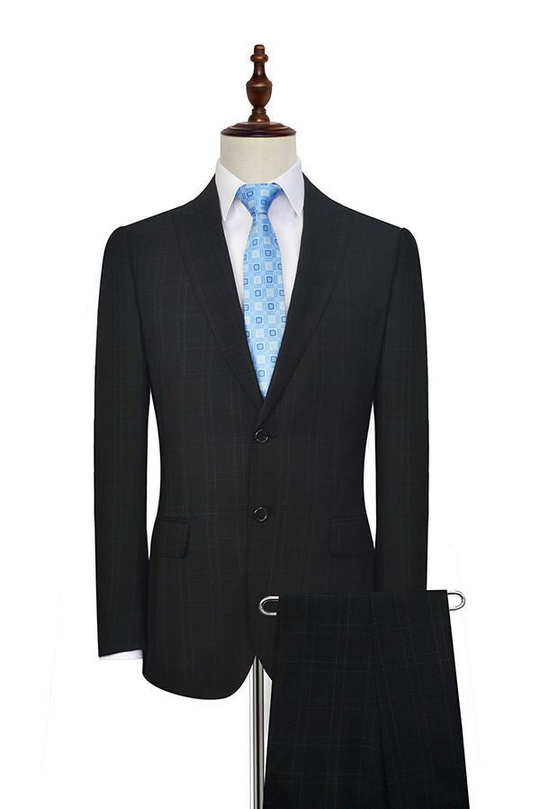 Well-cut Peak Lapel Plaid Two Button Black Mens Suits for Business-Ballbella