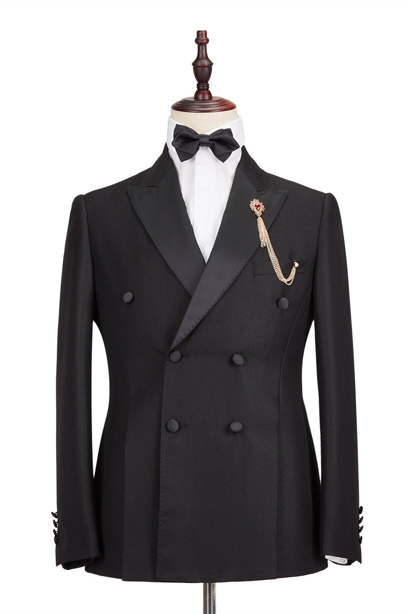 Well-cut Satin Peak Lapel Double Breasted Black Men Wedding Suit Groom Tuxedos-Ballbella