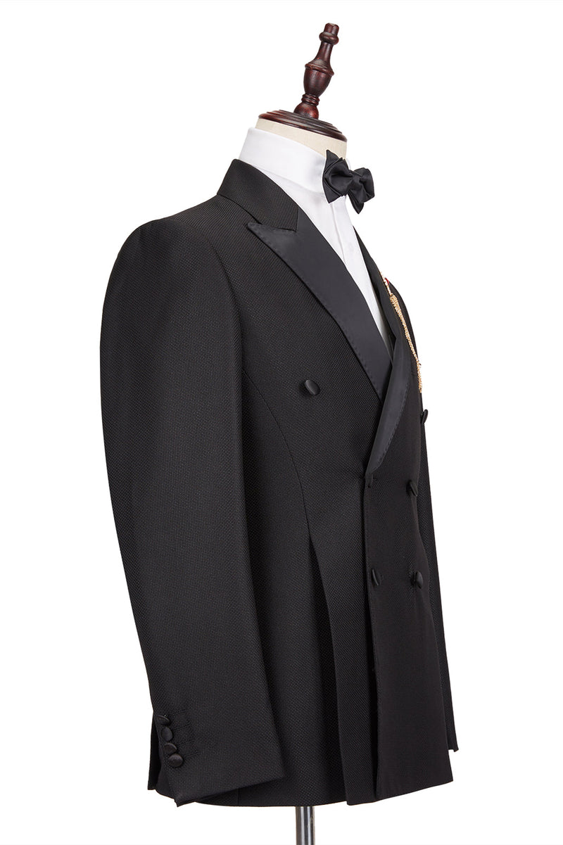 This Well-cut Satin Peak Lapel Double Breasted Black Men Wedding Suit Groom Tuxedos at Ballbella comes in all sizes for prom, wedding and business. Shop an amazing selection of Peaked Lapel Double Breasted Black mens suits in cheap price.