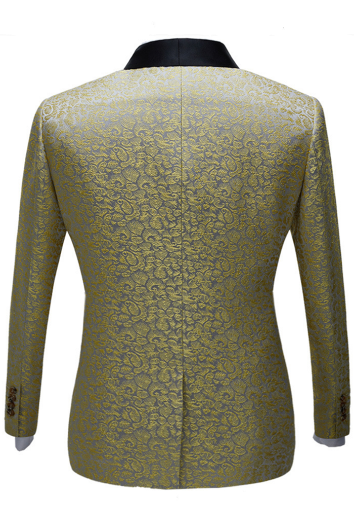 Well-dressed Black Satin Shawl Lapel Marriage Suits Gold Jacquard Men Wedding Tuxedos - Terence-Ballbella