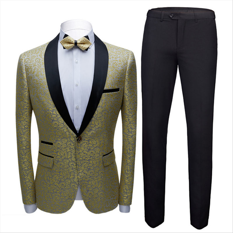 Well-dressed Black Satin Shawl Lapel Marriage Suits Gold Jacquard Men Wedding Tuxedos - Terence-Ballbella