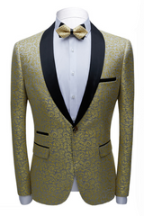 Well-dressed Black Satin Shawl Lapel Marriage Suits Gold Jacquard Men Wedding Tuxedos - Terence-Ballbella