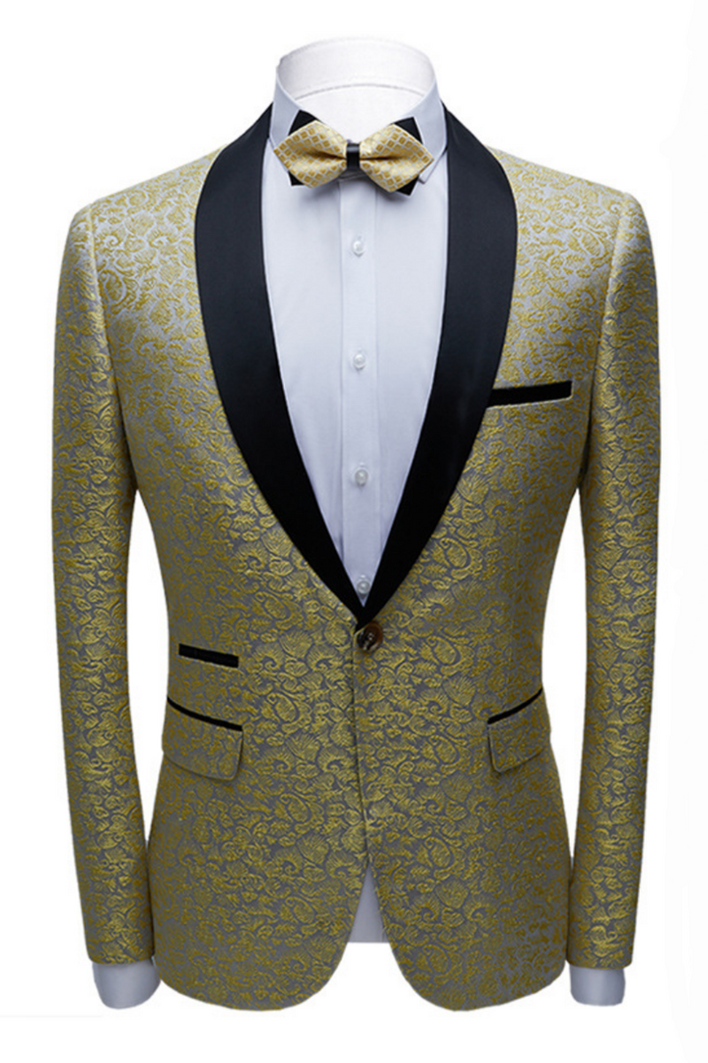 Well-dressed Black Satin Shawl Lapel Marriage Suits Gold Jacquard Men Wedding Tuxedos - Terence-Ballbella