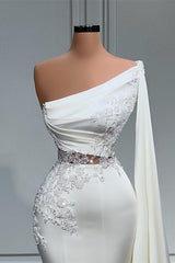 White Asymmetric One Shoulder Mermaid Stretch Satin Evening Prom Dresses-Ballbella