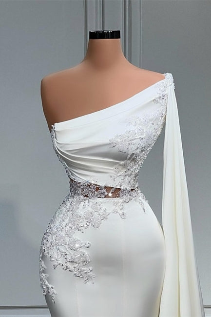 White Asymmetric One Shoulder Mermaid Stretch Satin Evening Prom Dresses-Ballbella