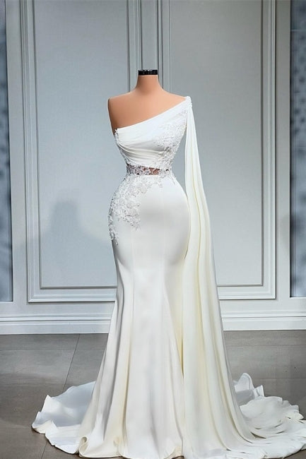 White Asymmetric One Shoulder Mermaid Stretch Satin Evening Prom Dresses-Ballbella