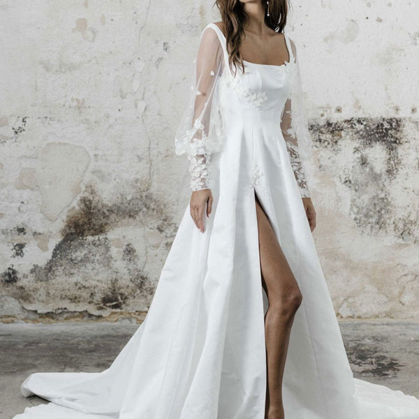 White Casual Wedding Dress A-Line Square Neck Long Sleeves Sexy Backless Applique Cut-Outs Split Front Long Bridal Gowns