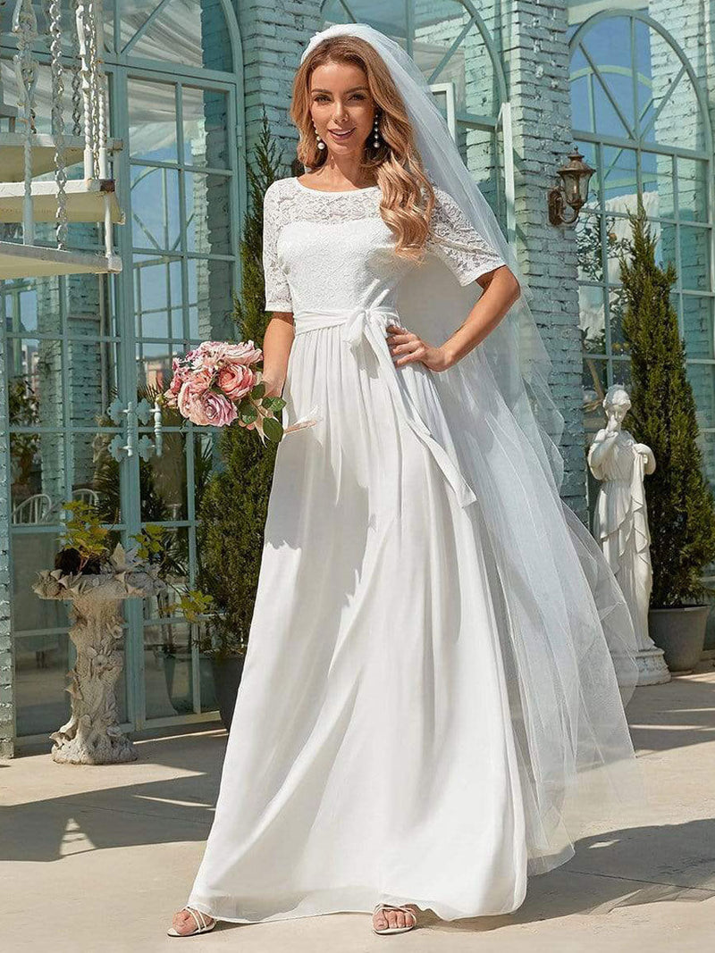 White Casual Wedding Dress Chiffon Jewel Neck Short Sleeves Sash A-Lin Ballbella White Casual Wedding Dress Chiffon Jewel Neck Short Sleeves Sash A-Lin Ballbella