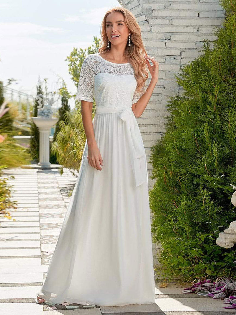 White Casual Wedding Dress Chiffon Jewel Neck Short Sleeves Sash A-Lin Ballbella White Casual Wedding Dress Chiffon Jewel Neck Short Sleeves Sash A-Lin Ballbella