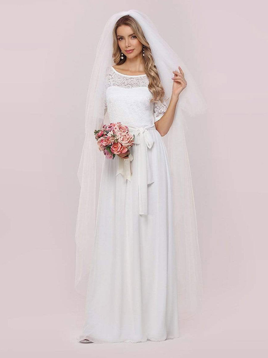 White Casual Wedding Dress Chiffon Jewel Neck Short Sleeves Sash A-Line Long Bridal Gowns White Casual Wedding Dress Chiffon Jewel Neck Short Sleeves Sash A-Line Long Bridal Gowns