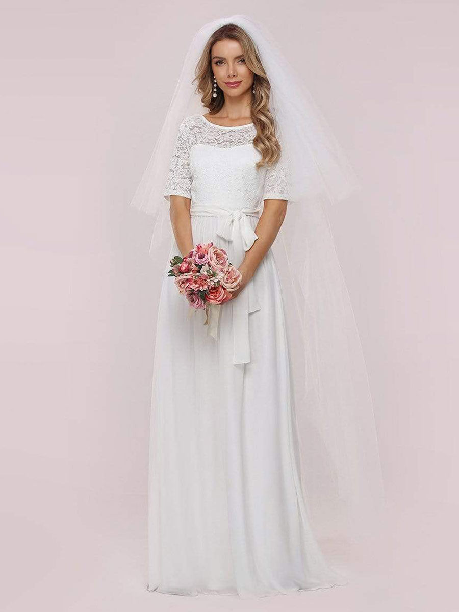 sachin and babi light blue dress White Casual Wedding Dress Chiffon Jewel Neck Short Sleeves Sash A-Line Long Bridal Gowns