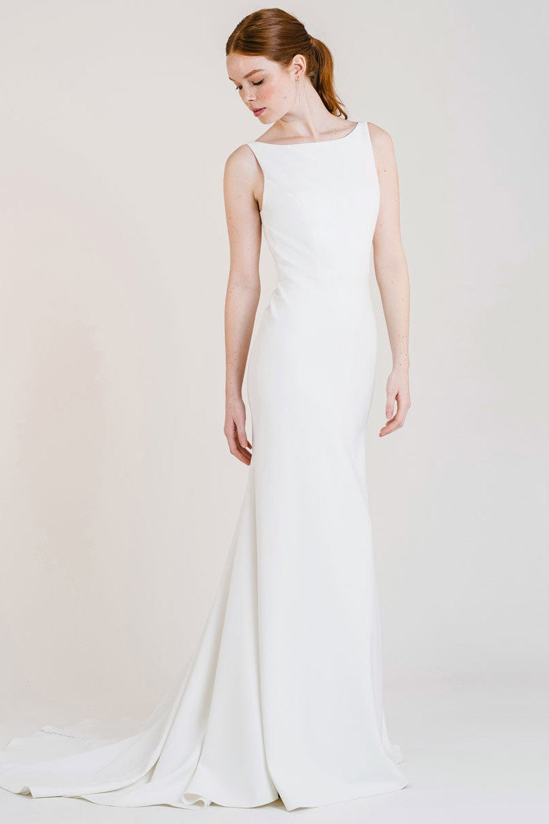 White Casual Wedding Dress With Train Bateau Neck Sleeveless Sexy Backless Satin Fabric Mermaid Bridal Gowns-Ballbella