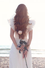White Chiffon Ruffless Sleeves V neck Summer Beach Wedding Dress-Ballbella