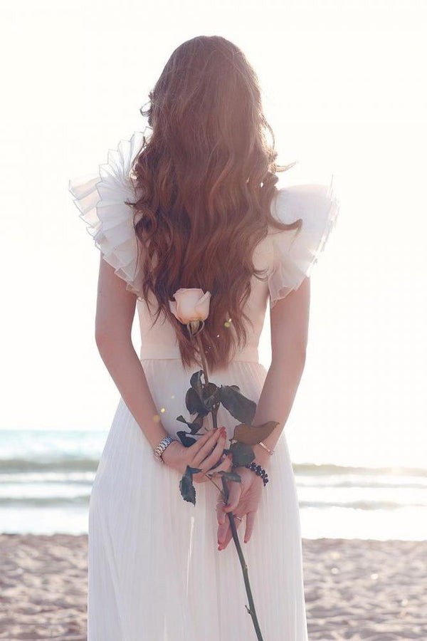 White Chiffon Ruffless Sleeves V neck Summer Beach Wedding Dress-Ballbella