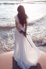 White Chiffon Ruffless Sleeves V neck Summer Beach Wedding Dress-Ballbella