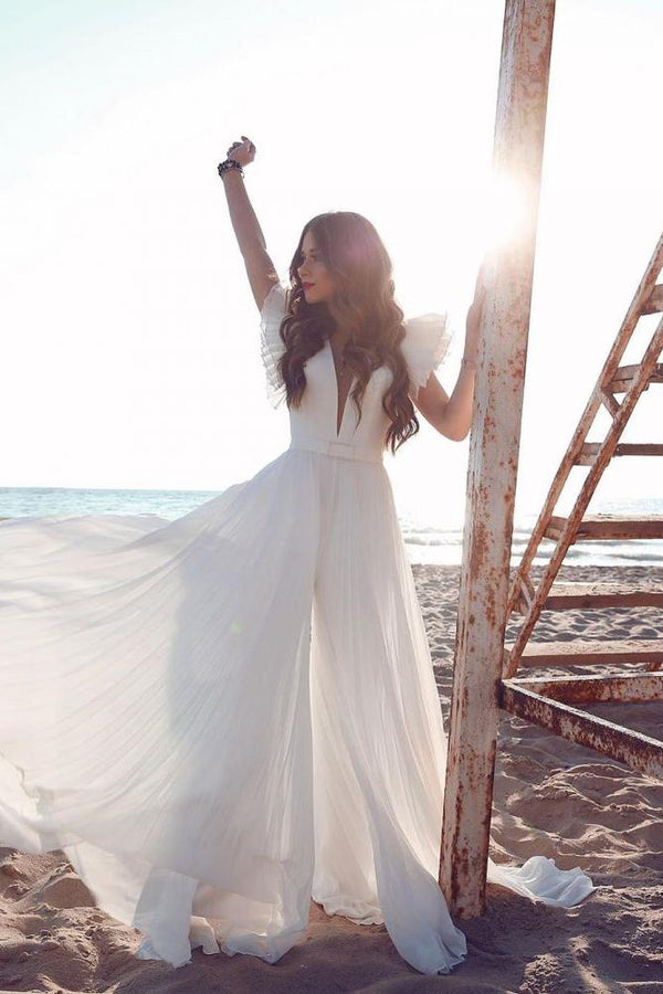 White Chiffon Ruffless Sleeves V Neck Summer Beach Wedding Dress